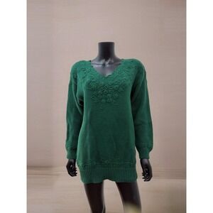 Vintage Reed Hunter Green Knit Floral‎ Embroidered Sweater Tunic Ramie Cotton S
